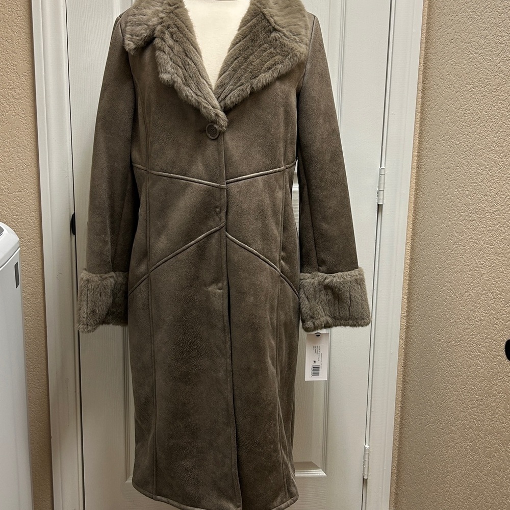 VIA SPIGA DARK TAUPE WOMEN NORTCH COLLAR COAT WITH FAUX FUR TRIM SIZE LARGE NWT - Picture 2 of 16